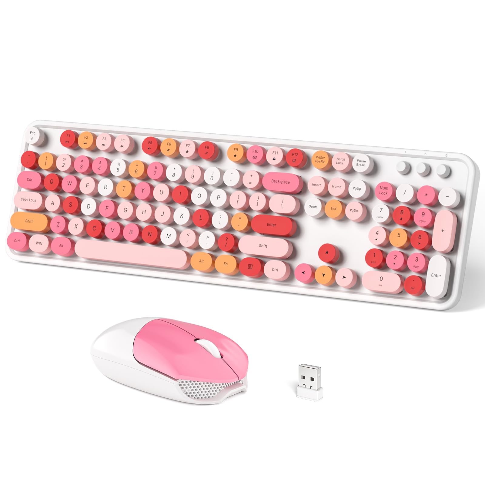 Vintage Typewriter Style Wireless Keyboard and Mouse Combo - MOWUX Full-Size Retro Round Mechanical Keyboard with Wireless Mouse, Plug & Play for PC, Laptop, Desktop Computer (White) - Perfect for Office, Home, Gaming & Vintage Enthusiasts