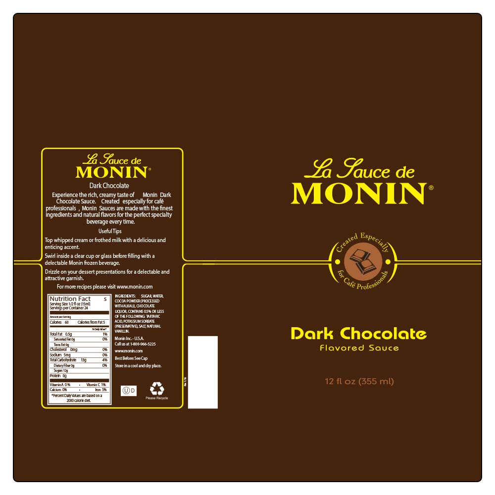 Monin Gourmet Dark Chocolate Sauce - Velvety Rich Gluten-Free Non-GMO Dessert Topping (12oz) Perfect for Ice Cream, Coffee, Pancakes & Baking