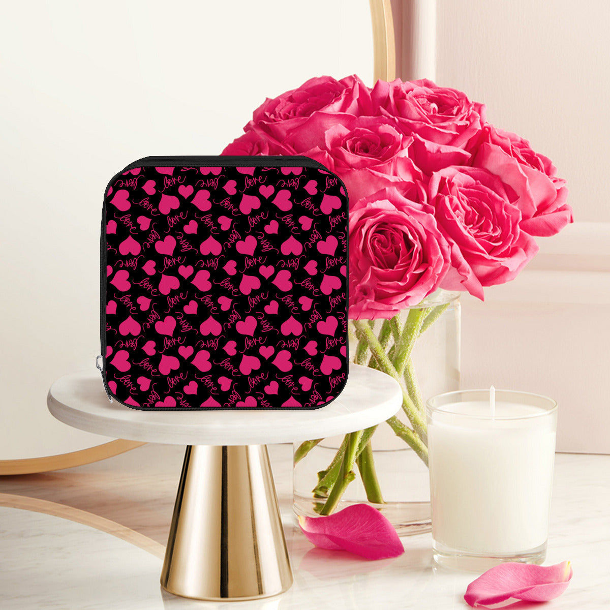 Pink Hearts Travel Jewelry Box - Portable Organizer for Necklaces, Rings & Earrings | Perfect for Vacation, Business Trips & Gifts