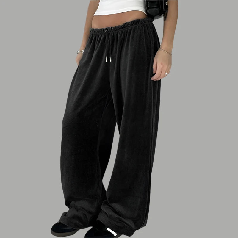Black Velvet Wide Leg Drawstring Pants for Women - Y2K Casual Baggy Trousers for Autumn & Winter | Lounge Wear, Street Style, Party Outfits