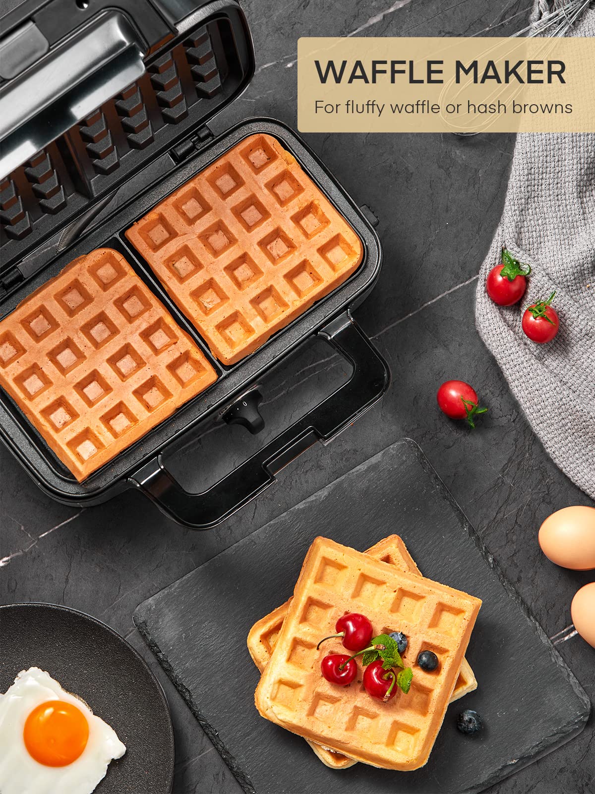FOHERE 3-in-1 Waffle Maker & Sandwich Press | 1200W Panini Grill with Removable Non-Stick Plates, 5-Temperature Settings, Indicator Lights (Silver/Black) | Perfect for Breakfast, Brunch & Quick Snacks at Home