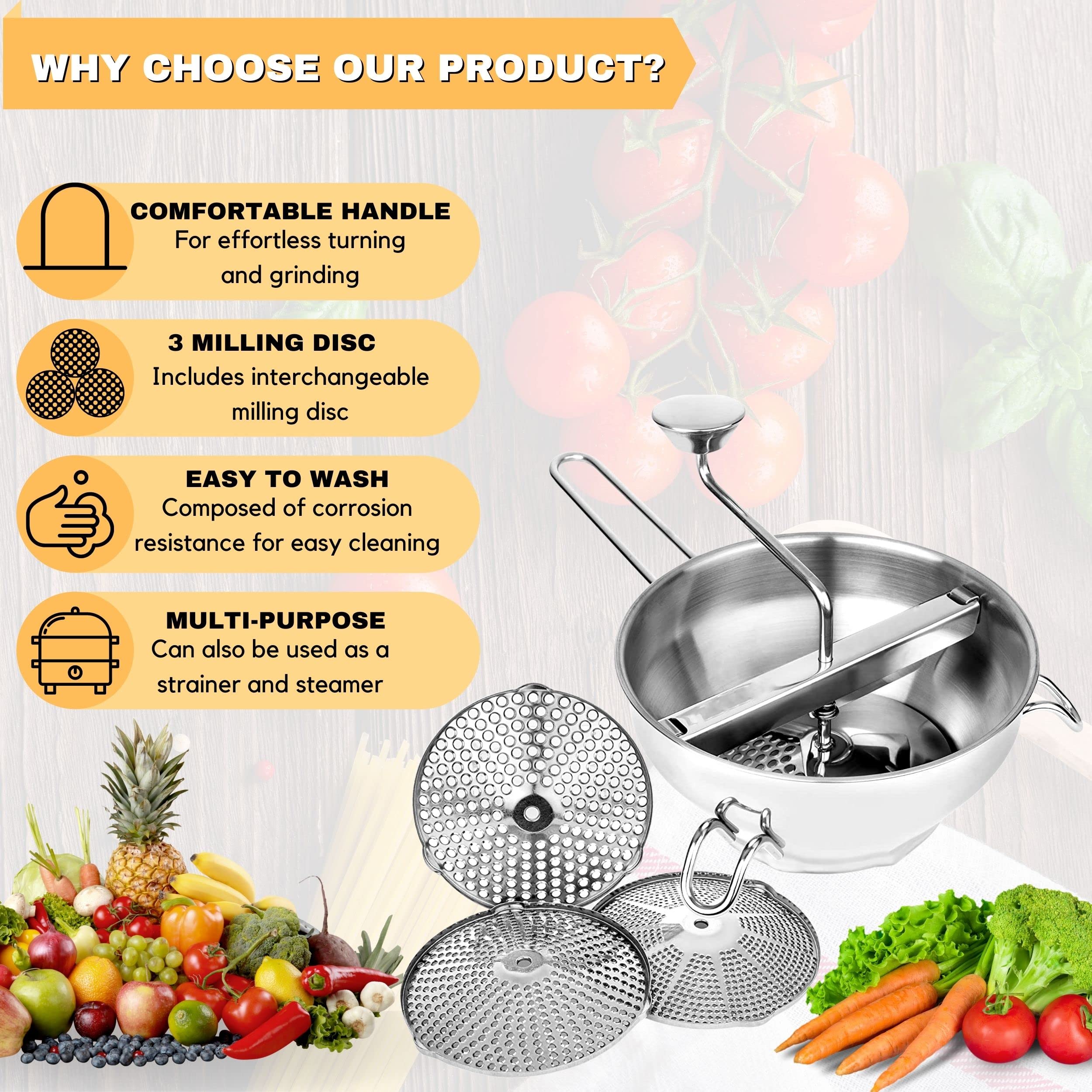 Premium Stainless Steel Food Mill with 3 Interchangeable Grinding Discs - Professional Kitchen Tool for Making Tomato Sauce, Mashed Potatoes, Purees, Baby Food & Canning - Dishwasher Safe - Perfect for Home Cooking, Restaurant Use & Food Preservation