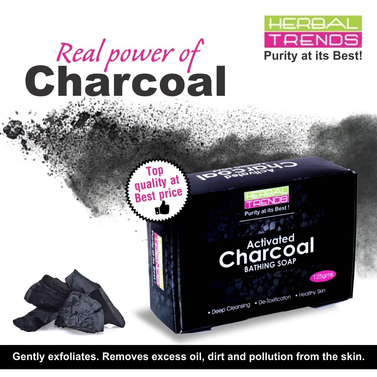 Herbal Trends Activated Charcoal Soap for Men & Women - 125g Natural Detoxifying Face & Body Cleanser - Handmade Vegan Bath Soap (Pack of 2) - Perfect for Acne-Prone Skin & Deep Pore Cleansing