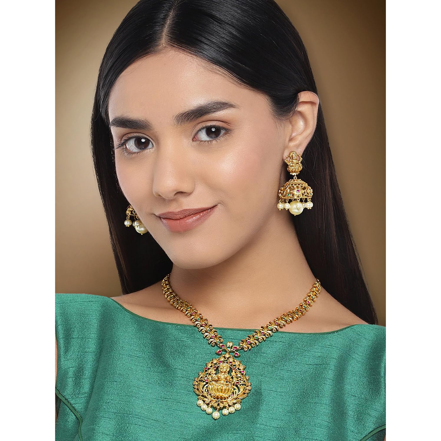 South Indian Traditional CZ Jewelry Set - Designer Necklace & Earrings for Women | Bollywood Ethnic Wedding Jewelry | Goddess Lakshmi Green Bridal Jewelry for Weddings, Parties & Festive Occasions