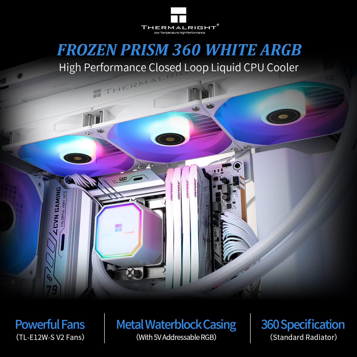 Thermalright Frozen Prism360 White ARGB CPU Liquid Cooler - High Performance PWM Pump (3300RPM) with 3x TL-E12 PWM Fans - Compatible with AMD AM4/AM5 & Intel 1150/1156/1200/1366/1700/20XX - Perfect for Gaming PCs, Workstations, and Overclocking Rigs