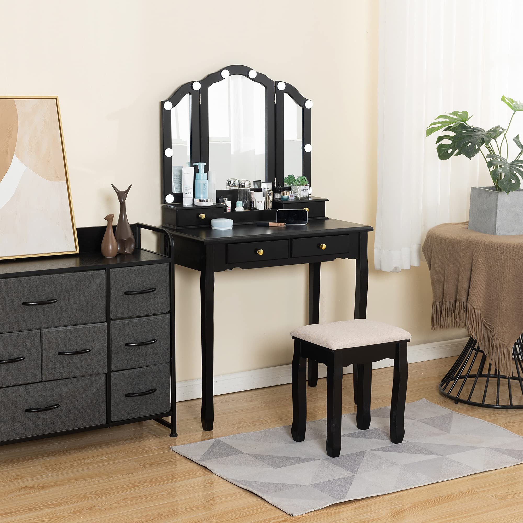 Vanity Table with LED Lighted Mirror, Makeup Vanity Set with Padded Stool & 4 Drawers - Tri-Fold Bedroom Vanity Desk with 2 Open Compartments, Black Finish - Perfect for Small Spaces, Home Makeup Studio & Dressing Room Organization