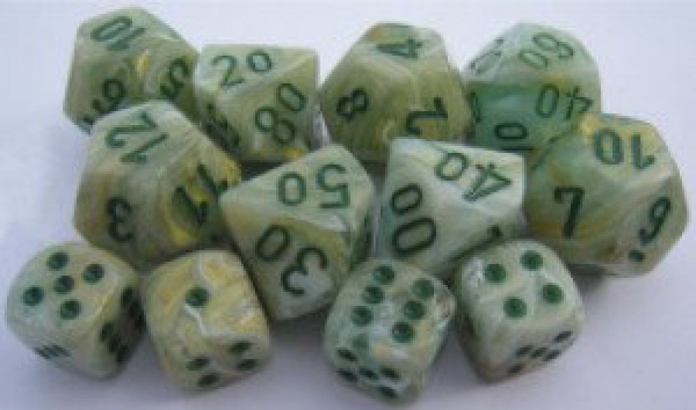 Chessex Dice d6 Sets: Marble Green Swirl with Dark Green Pips - 16mm Six Sided Die (12-Piece Block) for RPG, D&D, Board Games & Tabletop Gaming