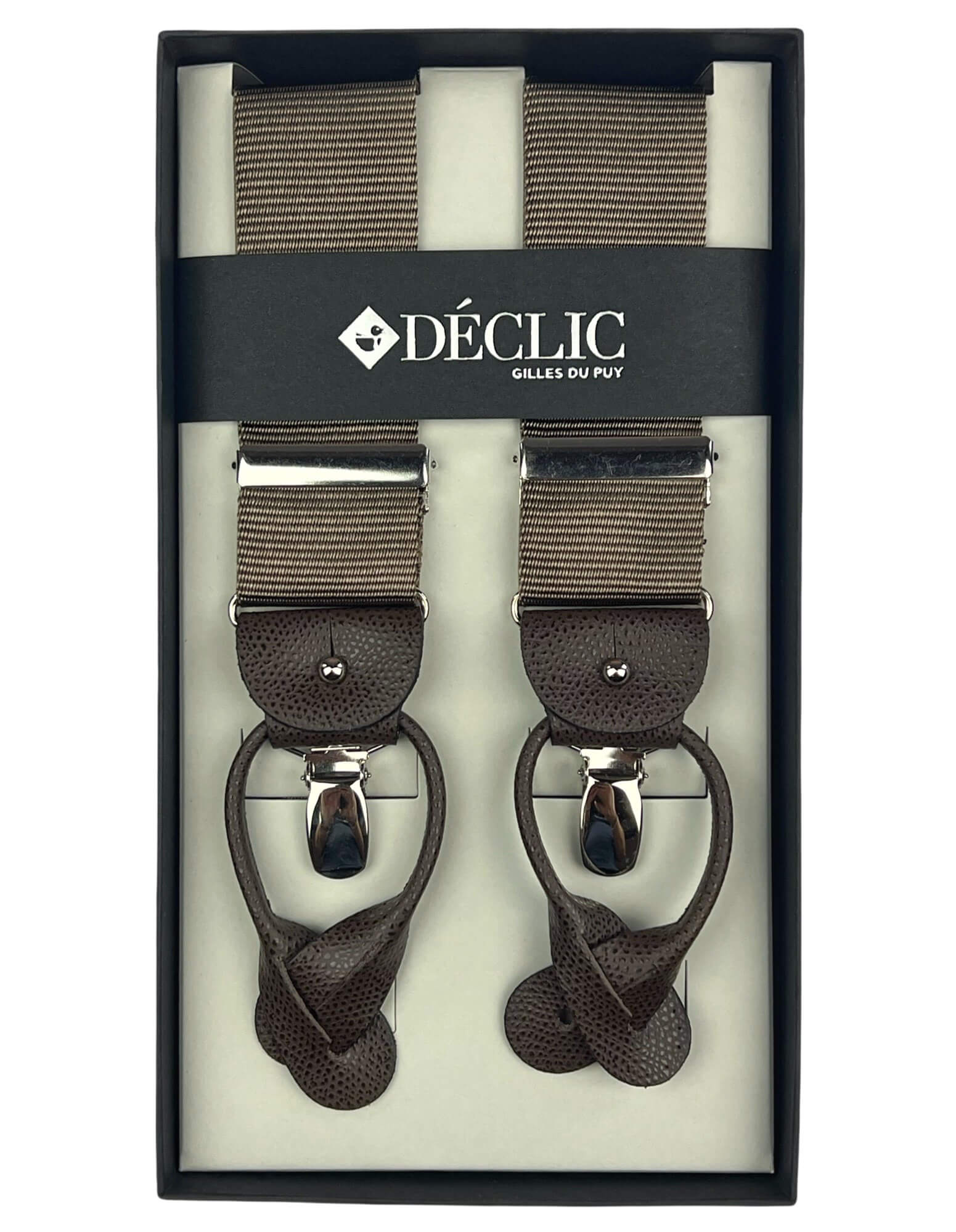 DÉCLIC Ribbed Satin 35mm 2 in 1 Braces for Men & Women - Adjustable Suspenders in Brown - Perfect for Formal Wear, Vintage Outfits & Cosplay