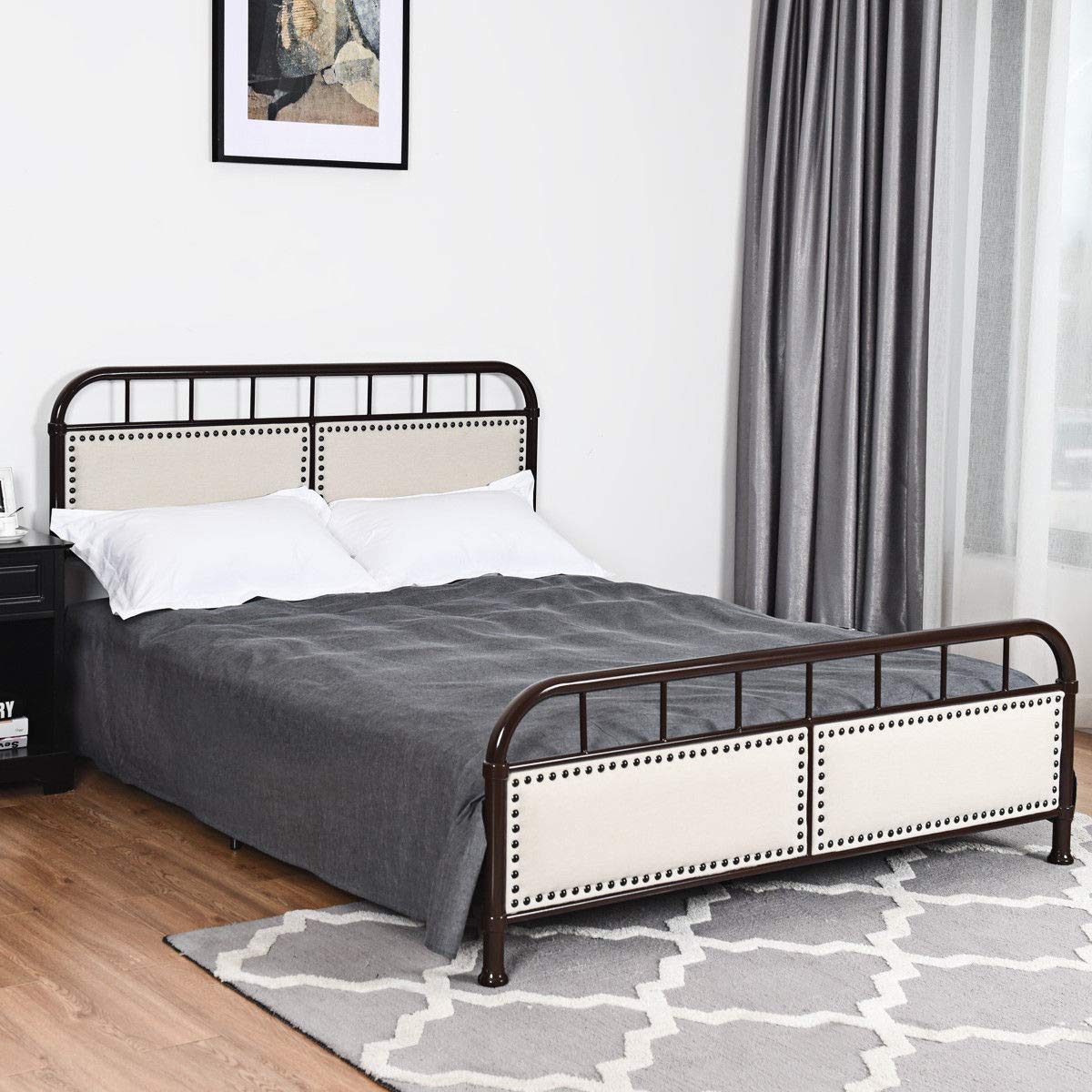 SAFSTAR Heavy Duty Steel Twin/Queen Size Metal Bed Frame with Slat Mattress Foundation, Comfortable Headboard & Footboard - Chocolate Finish | Perfect for Guest Rooms, Dormitories & Small Spaces