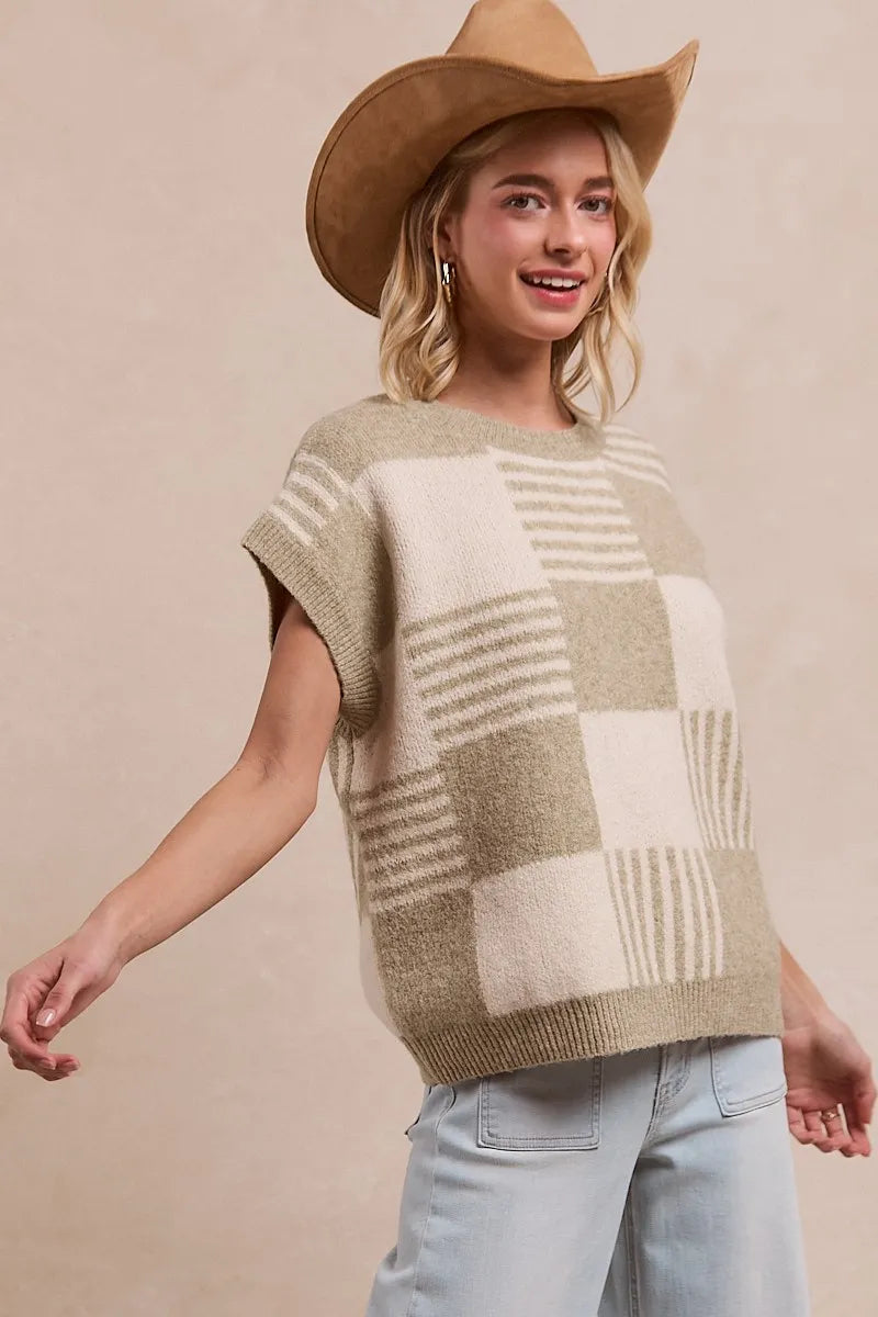 Striped Sleeveless Sweater for Women - BiBi Checker Knit Top | Casual Summer Wear, Beach Cover-Up, Layering Piece