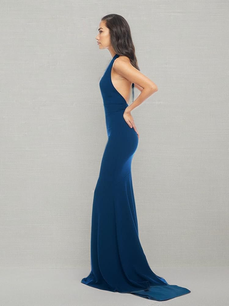 Dress the Population Women's Camden Deep V-Neck Halter Bodycon Maxi Dress for Evening Parties & Special Occasions