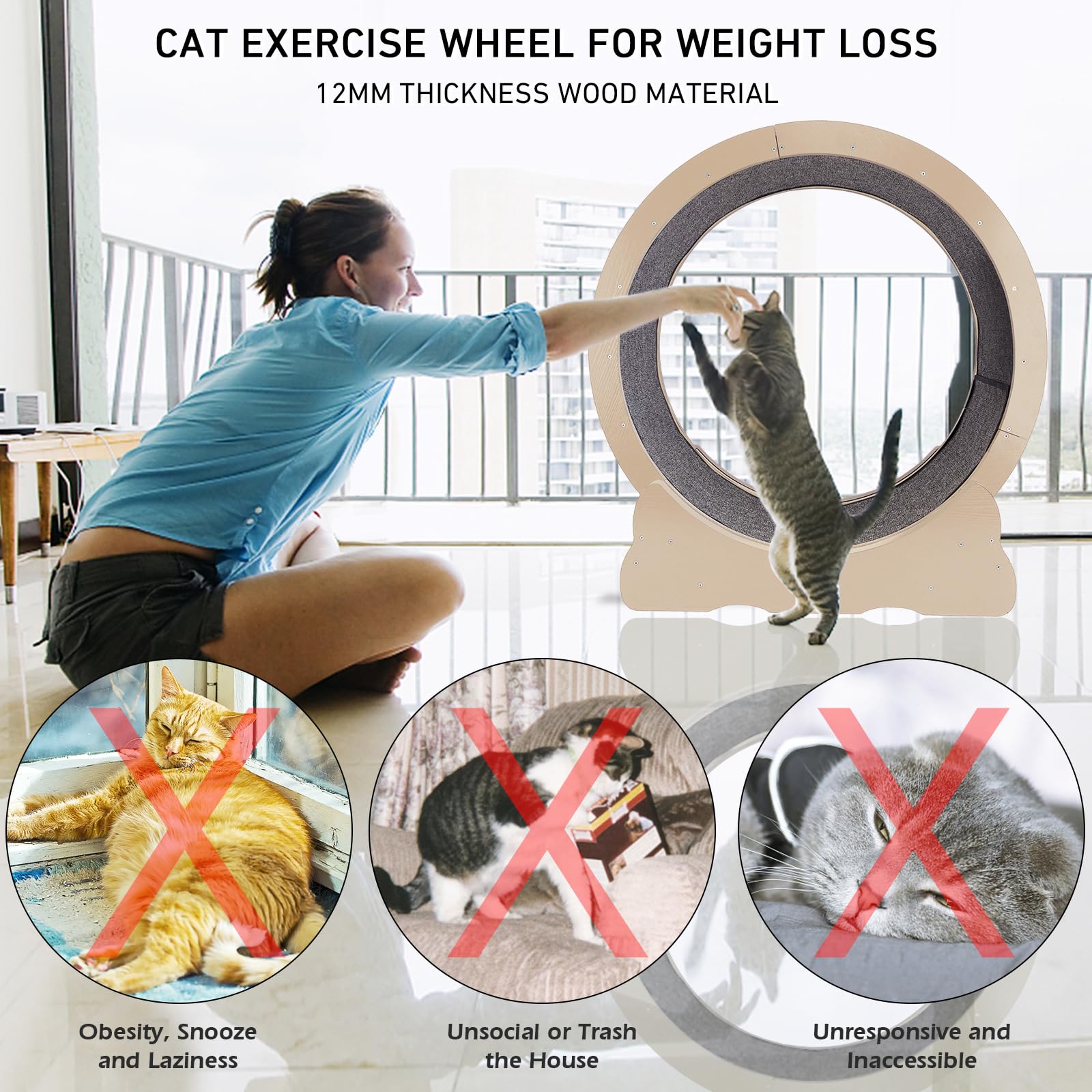 Silent Cat Exercise Wheel for Indoor Cats - TPE Roller, Wooden Cat Treadmill with Replaceable Pads for Weight Loss & Fitness - Perfect for Small Apartments & Active Feline Playtime