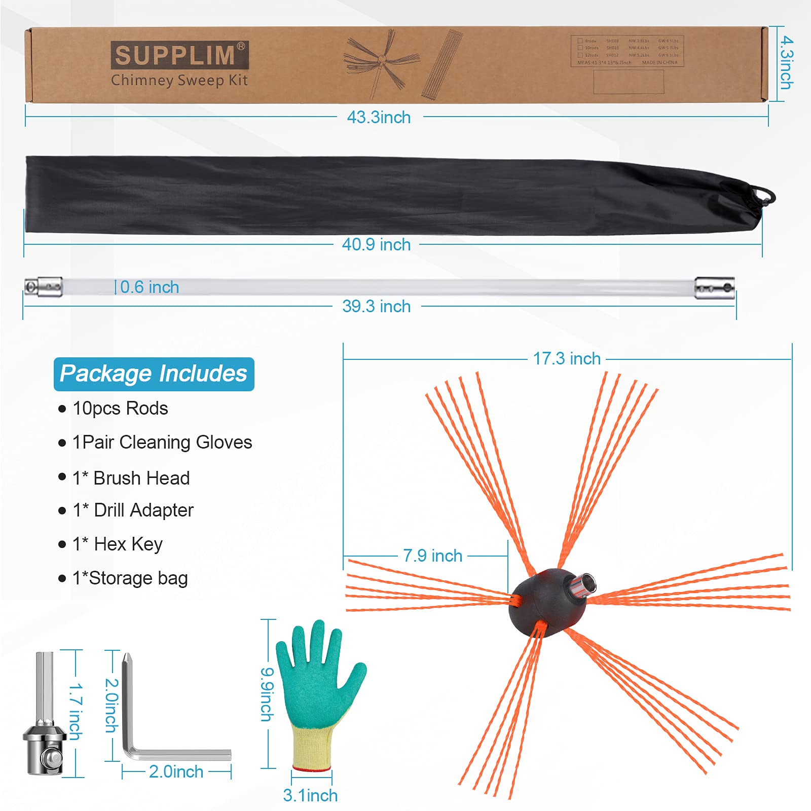 33FT Chimney Sweep Kit with Extension Rods - Flexible Nylon Rotary Brush for Fireplace Cleaning - Electric Drill Compatible Chimney Cleaning Tool (10 Rods Included) - Perfect for Wood Stove, Fireplace & Chimney Maintenance