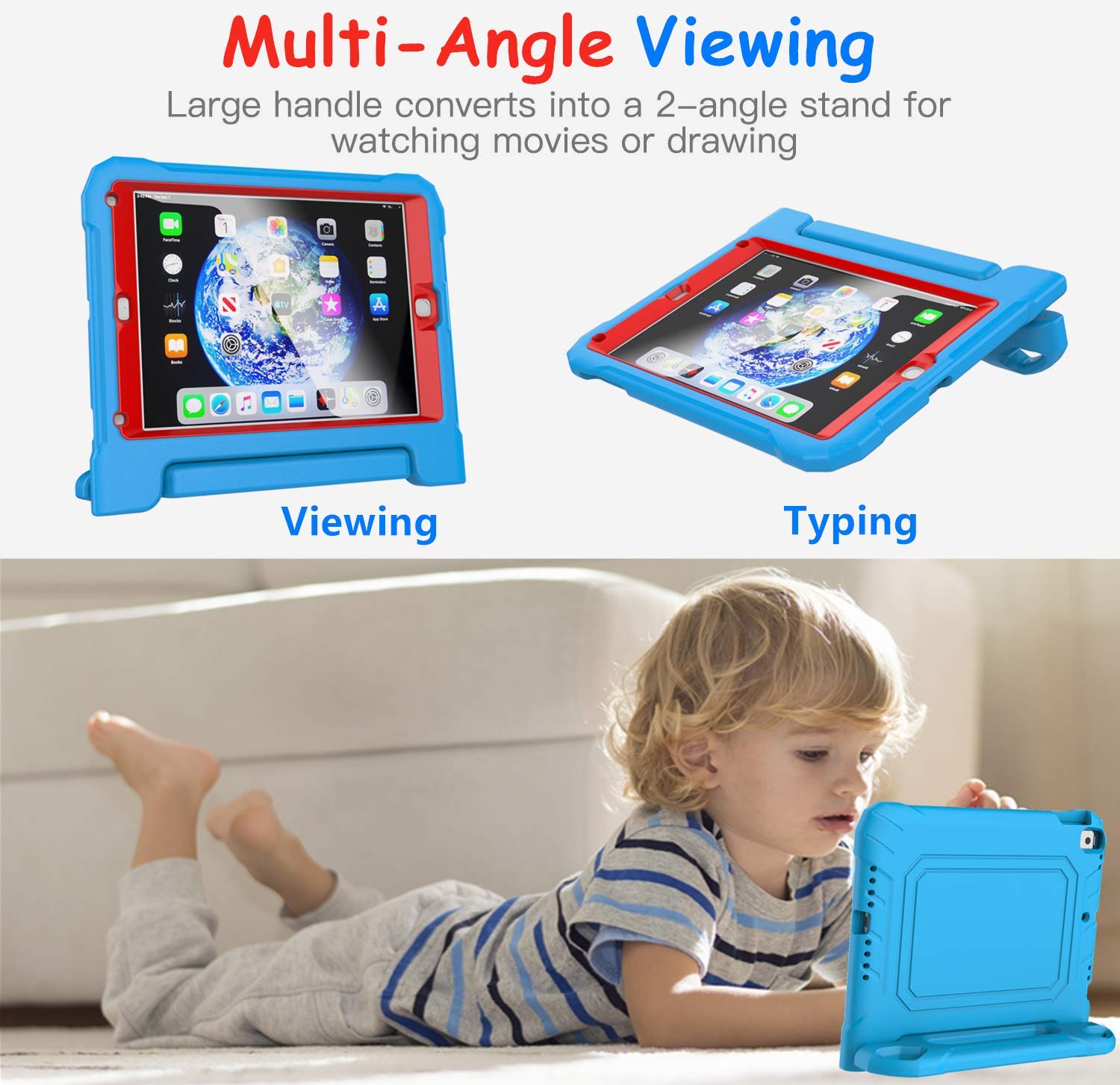 Shockproof Kids iPad Case for iPad 9.7-inch (6th/5th Gen & Air/Air 2) - Lightweight Convertible Stand Cover with Built-in Screen Protector, Handle - Blue & Red - Perfect for School, Travel & Home Learning