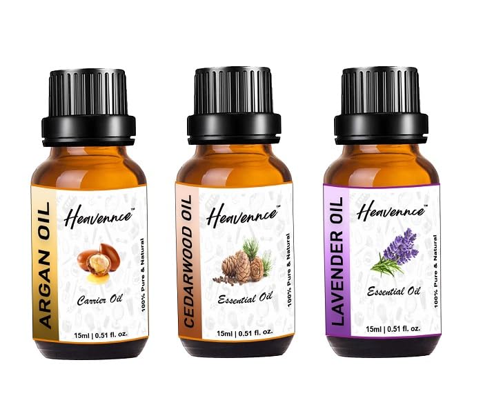 Heavennce Argan Oil, Cedarwood Oil & Lavender Oil Combo Set - Vitamin E Enriched for Anti-Aging, Skin & Hair Moisturizer - Aromatherapy Essential Oils (Pack of 3, 45ml Each) - Perfect for Massage, DIY Beauty & Relaxation Therapy