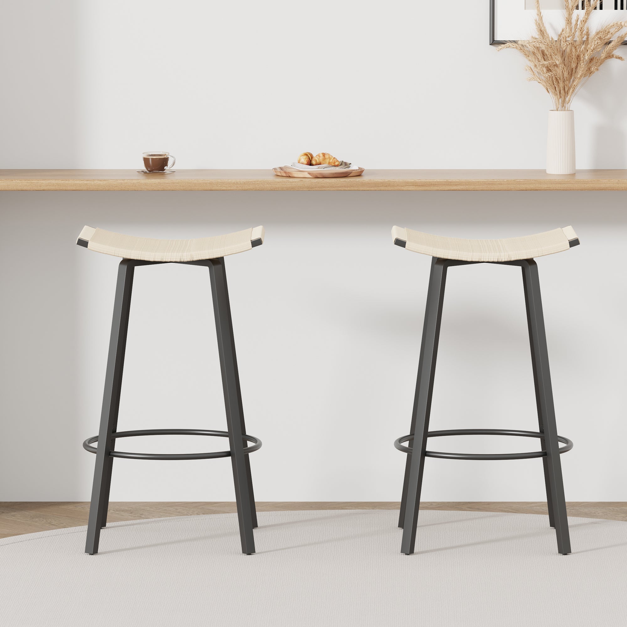 Handwoven PVC Counter Height Bar Stools Set of 2 - Backless Kitchen & Dining Chairs with Round Footrest - Indoor & Outdoor Pub Stools in Black & Creamy White - Perfect for Kitchen Islands, Breakfast Bars, and Outdoor Patios