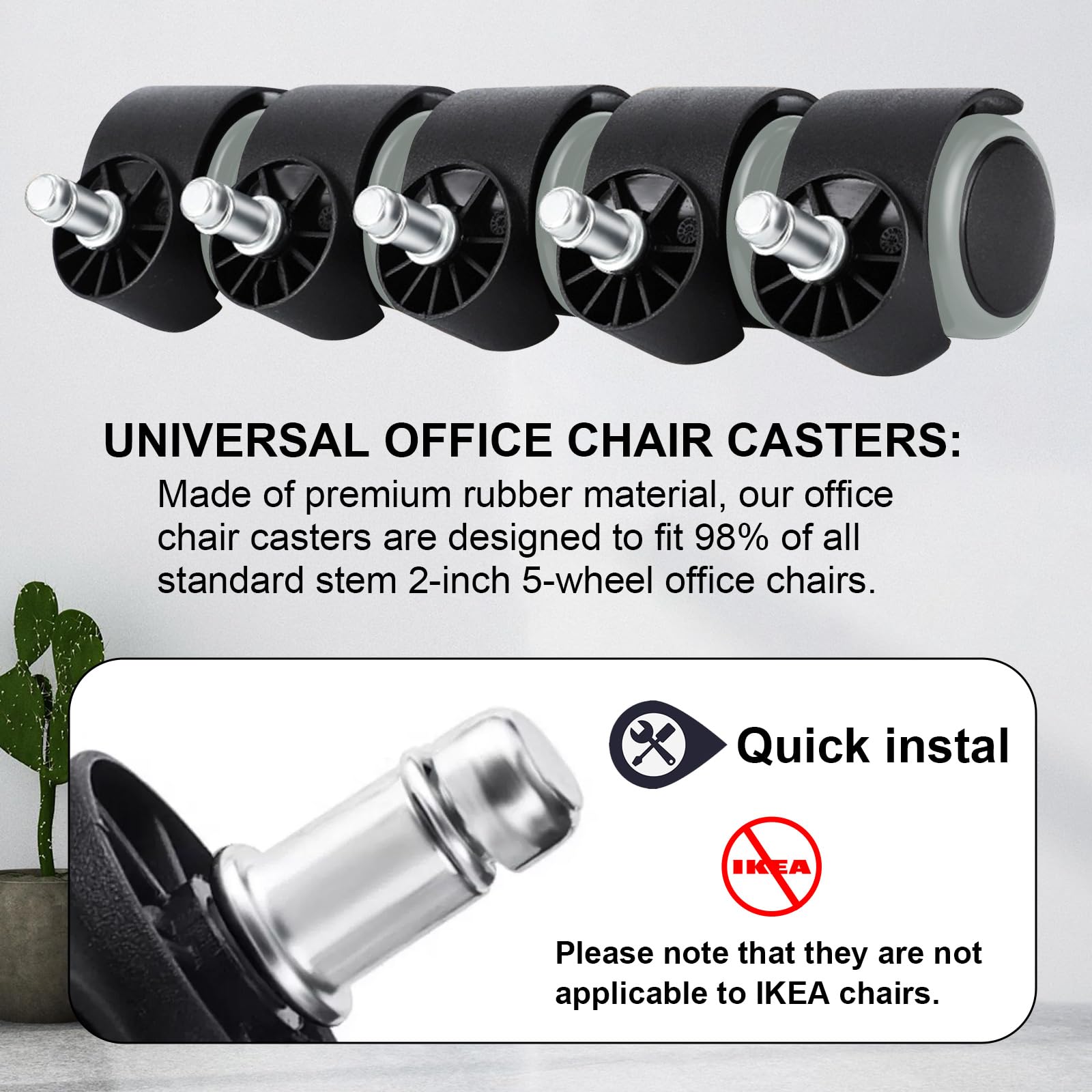 2 Inch Heavy Duty Office Chair Wheels Replacement - Mute Rubber Casters for Desk Chairs, 11mm Standard Stem Size Fits 99% Office Chairs - Floor Protection & Noise Reduction for Hardwood, Tile & Carpet (Perfect for Home Office, Conference Rooms & Workstations)