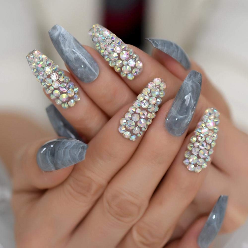 Grey Marble Stone Press On Fake Nails - Extra Long Coffin Ballerina False Nails for Women | Perfect for Parties, Weddings, and Special Occasions