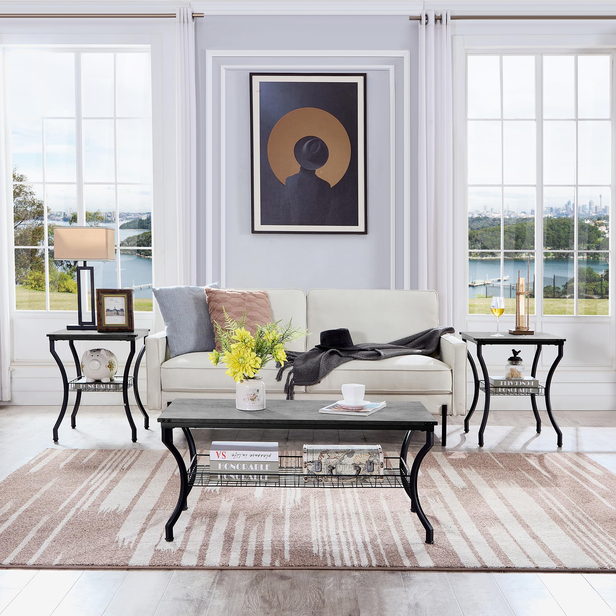 VECELO 3-Piece Living Room Set - Modern Coffee Table and End Tables with Open Storage Shelves, Easy Assembly, Dark Grey - Perfect for Apartments, Home Offices & Small Spaces | Ideal for Living Room Decor, TV Stand, and Extra Storage