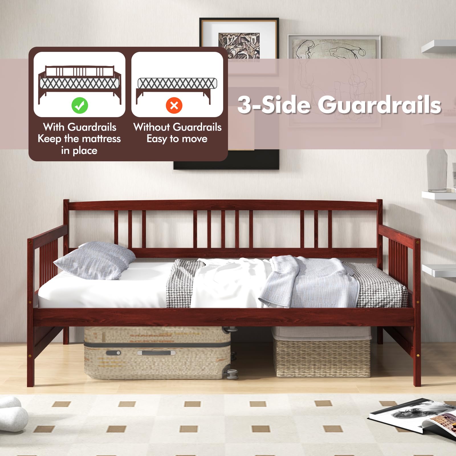 KOMFOTT Solid Wood Twin Daybed Frame with Wooden Slats Support - No Box Spring Needed - Sturdy Sofa Bed for Bedroom, Living Room & Guest Room - Perfect for Small Spaces & Multi-Purpose Use (Mattress Not Included)