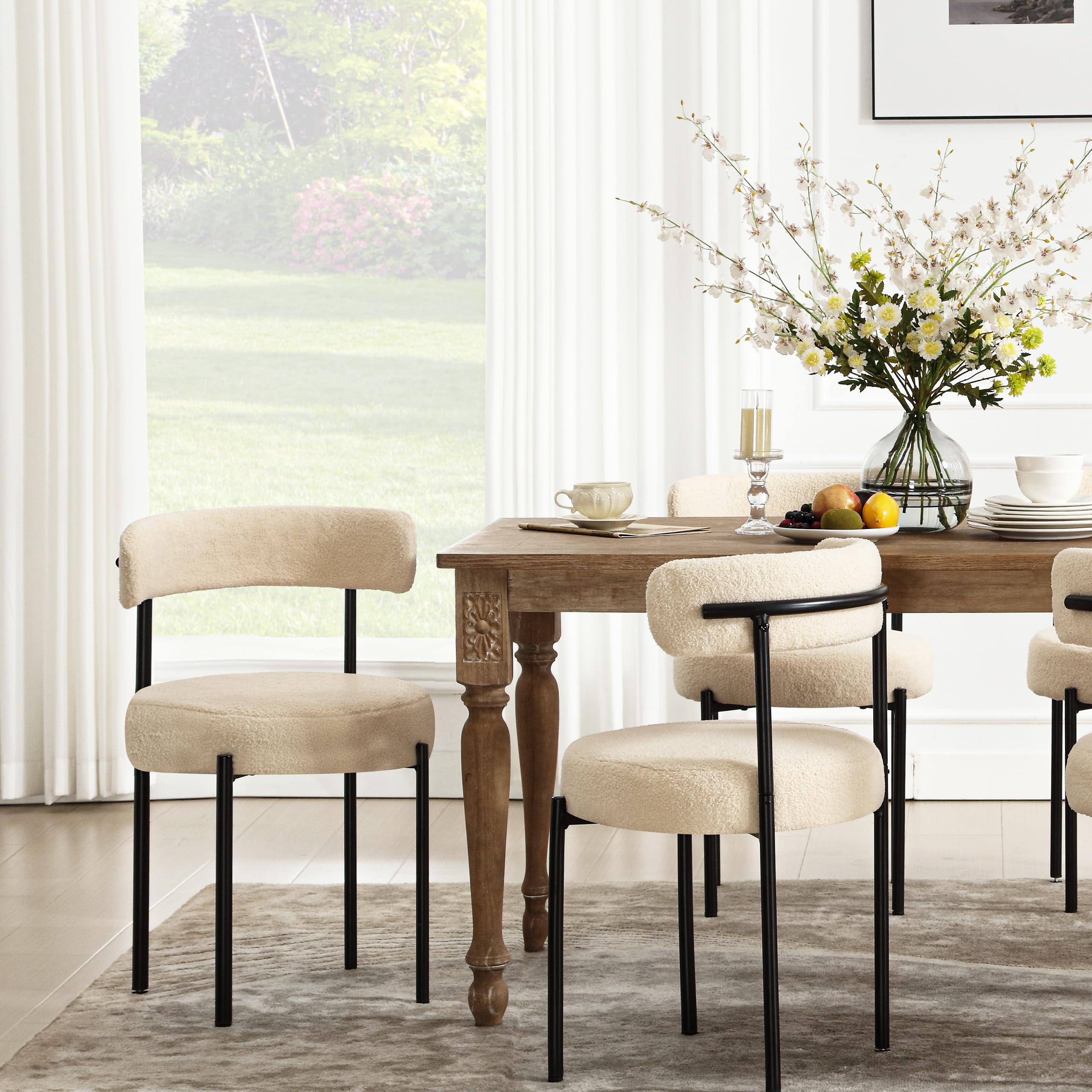 4-Piece Beige Boucle Dining Chairs Set - Curved Backrest Modern Upholstered Chairs with Thick Round Seat | Mid Century Kitchen & Dining Room Furniture | Perfect for Family Gatherings & Dinner Parties
