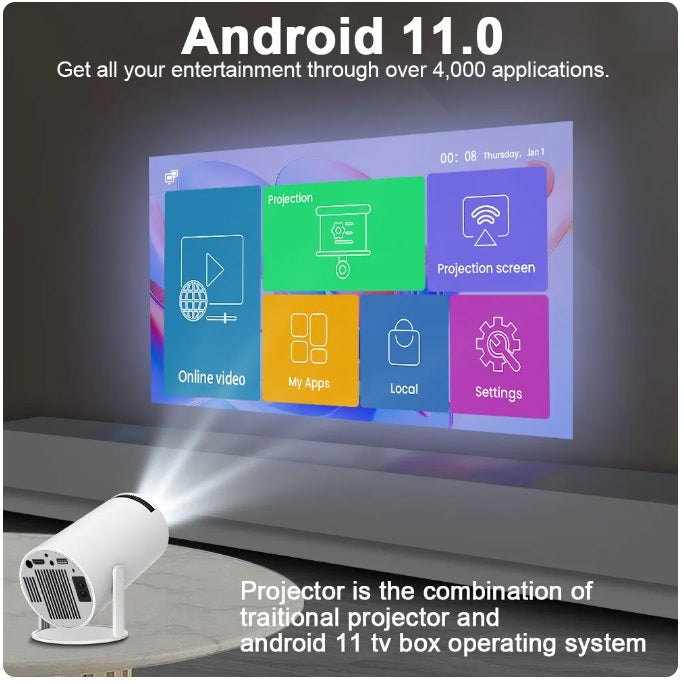HY300 4K Android Projector with WiFi & Bluetooth - Home Theater, Outdoor Movie Nights, Gaming, and Office Presentations