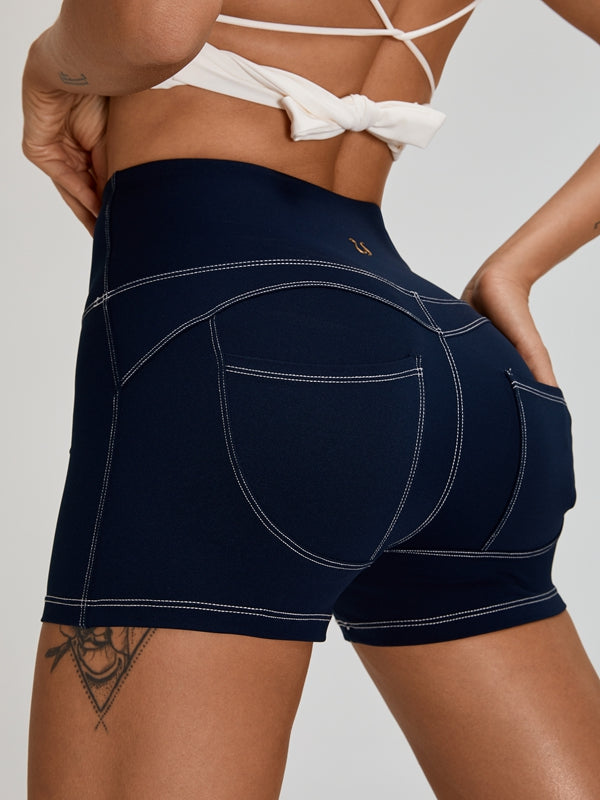 ZASUWA Women's Sexy Denim Short Tracksuit with Back Bow Knot & Pockets - Perfect for Gym, Yoga, and Casual Outfits
