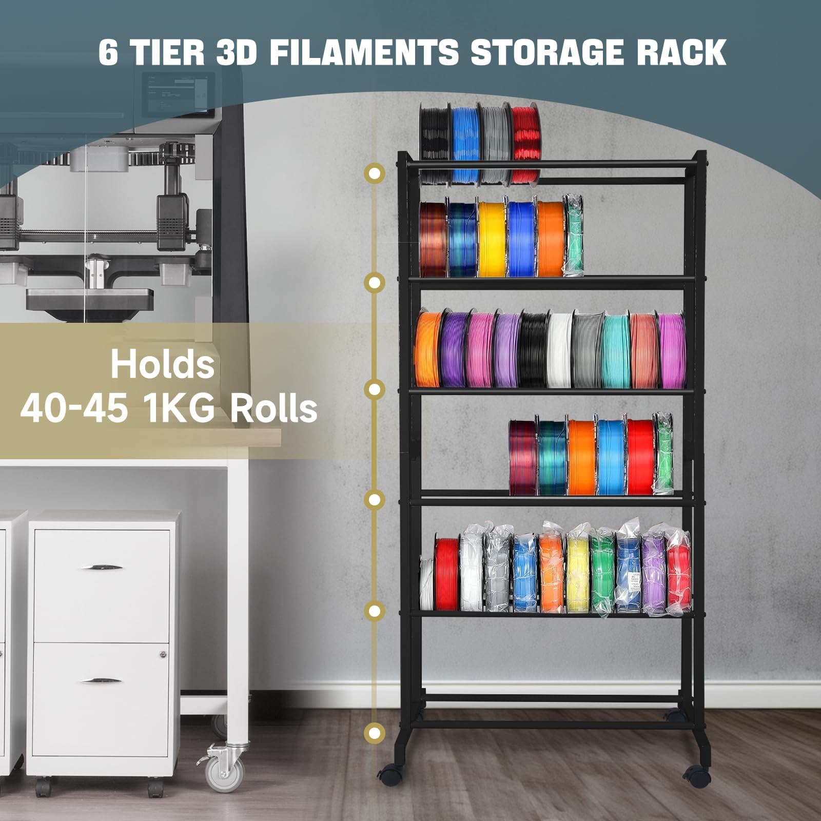 Heavy Duty 6-Tier Metal 3D Printer Filament Storage Rack with Wheels - PLA/ABS/TPU/Nylon Filament Spool Holder Organizer for Home & Office Use (Black)