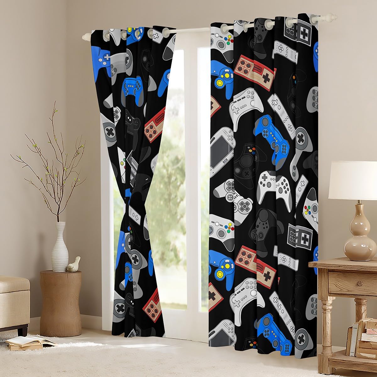 Erosebridal Blue & Black Video Game Controller Curtains for Boys Room - 2 Panel Set, 52x63 Inch - Perfect for Teen Bedroom, Gaming Room & Living Room Window Treatments