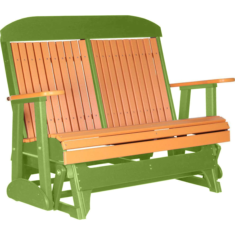 LuxCraft 4 ft. Recycled Plastic Highback Outdoor Glider Bench with Cup Holder - Orange - Perfect for Patio, Garden, and Backyard Relaxation