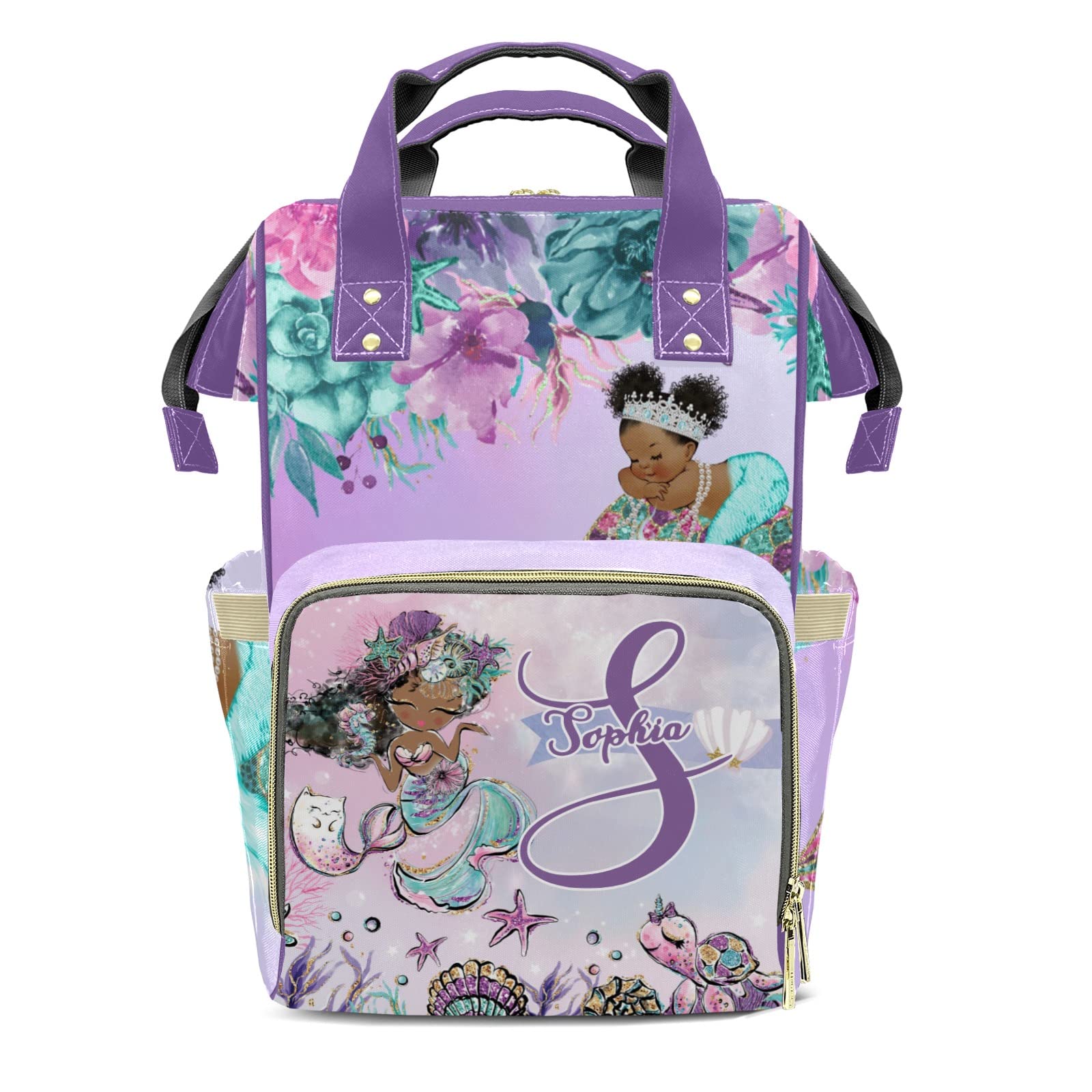 Personalized African Mermaid Flower Diaper Backpack - Custom Name Purple Mummy Bag for Baby Shower Gifts | Trendy Nursery & Travel Essential for New Moms