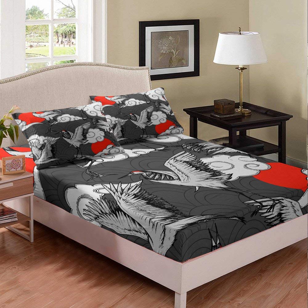 Chinese Style Red Sun White Crane Bird Print Kids Bed Sheet Set - Twin Size Grey Fish Scale & Clouds Pattern Fitted Sheet with Pillowcase (2PC) | Soft Cotton Duvet Cover for Boys Girls Bedroom Decor