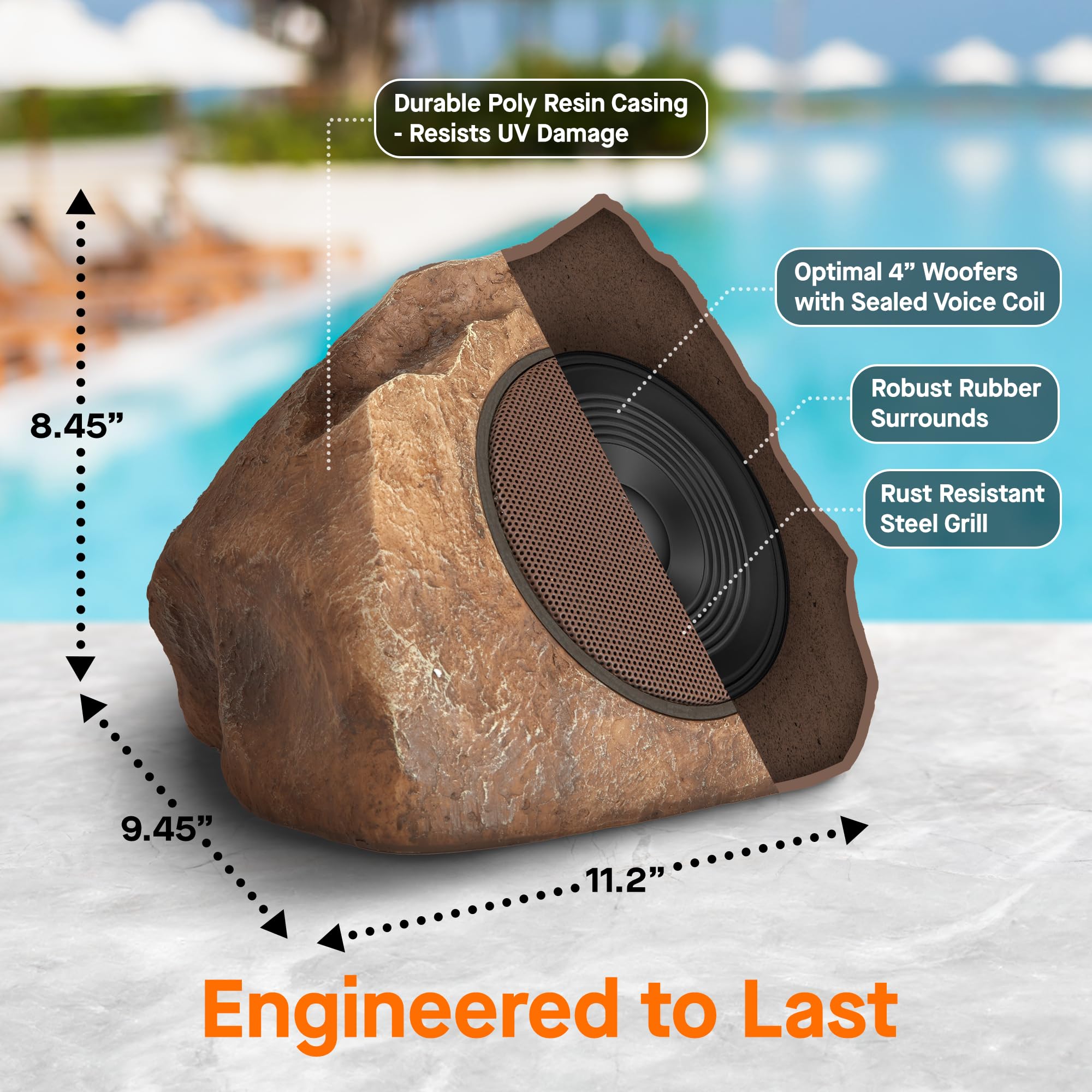 Homewell Solar Rock Speakers - Outdoor Waterproof Bluetooth Wireless Speakers - Weatherproof Landscape Speakers for Pool, Patio, Deck, Backyard, Garden - Year Round Outdoor Use - Perfect for Parties, Camping, and Beach Gatherings (2-Pack, Brown)