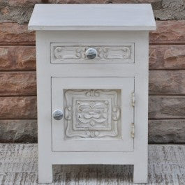 Hand Carved Solid Wood Bedside Table - Natural White Finish Nightstand with Drawer for Bedroom, Living Room & Office Furniture