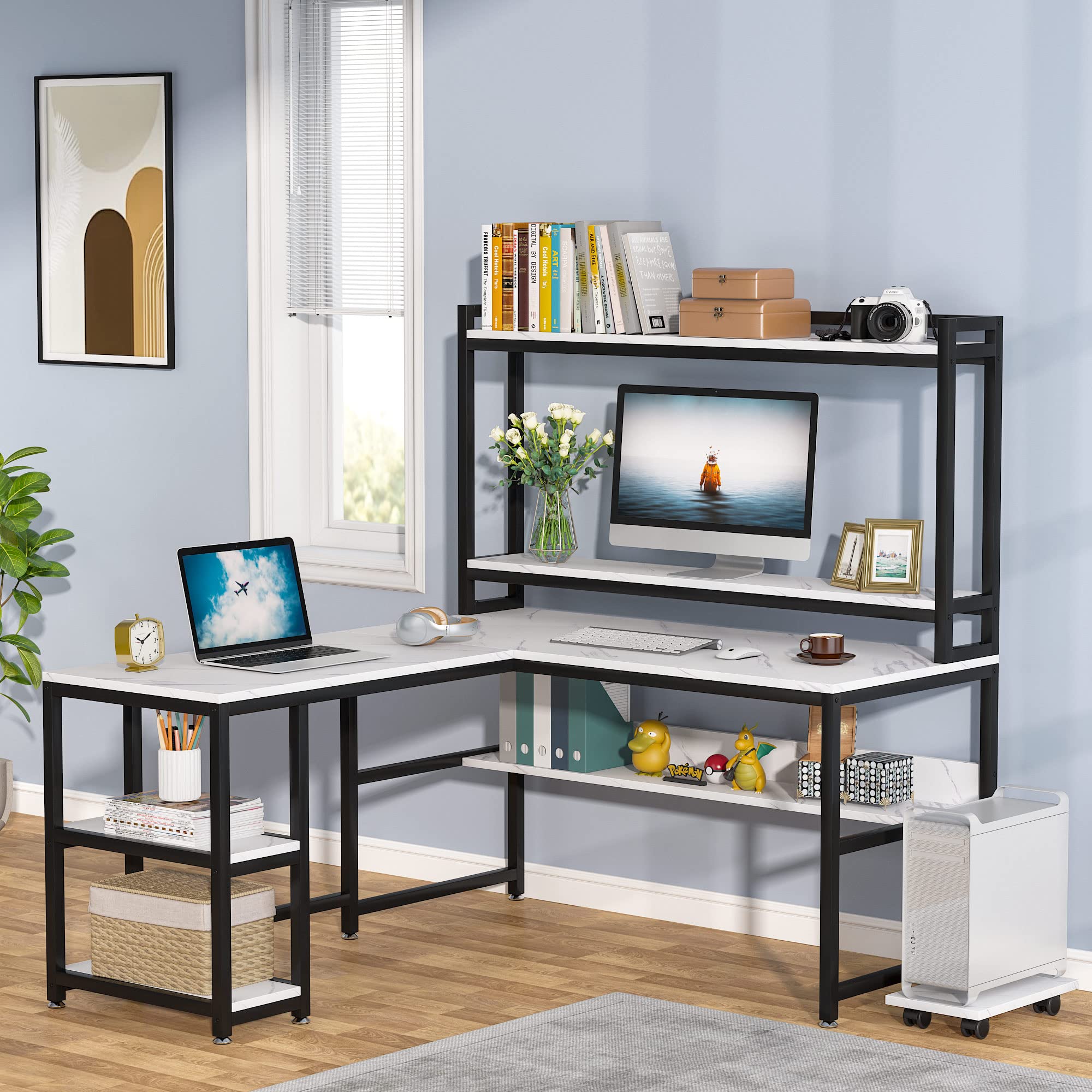 59 Inch L-Shaped Computer Desk with Hutch - Reversible Corner Desk with Storage Shelves, Large Home Office Desk for Study, Writing & Workstation - Faux Marble White (Perfect for Small Spaces, Gaming Setup & Remote Work)