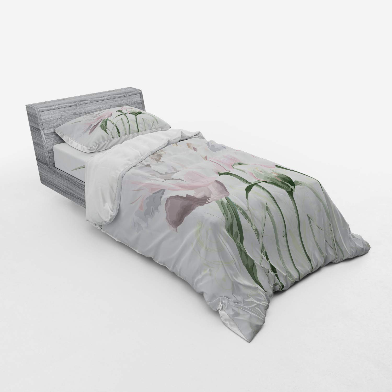 Ambesonne Floral Bedding Set - Pink Roses & Tulips with Abstract Garden Leaves Print, 3-Piece Duvet Cover Set with Sham & Fitted Sheet, Twin XL Size, White - Perfect for Spring Bedroom Decor & Guest Room Styling