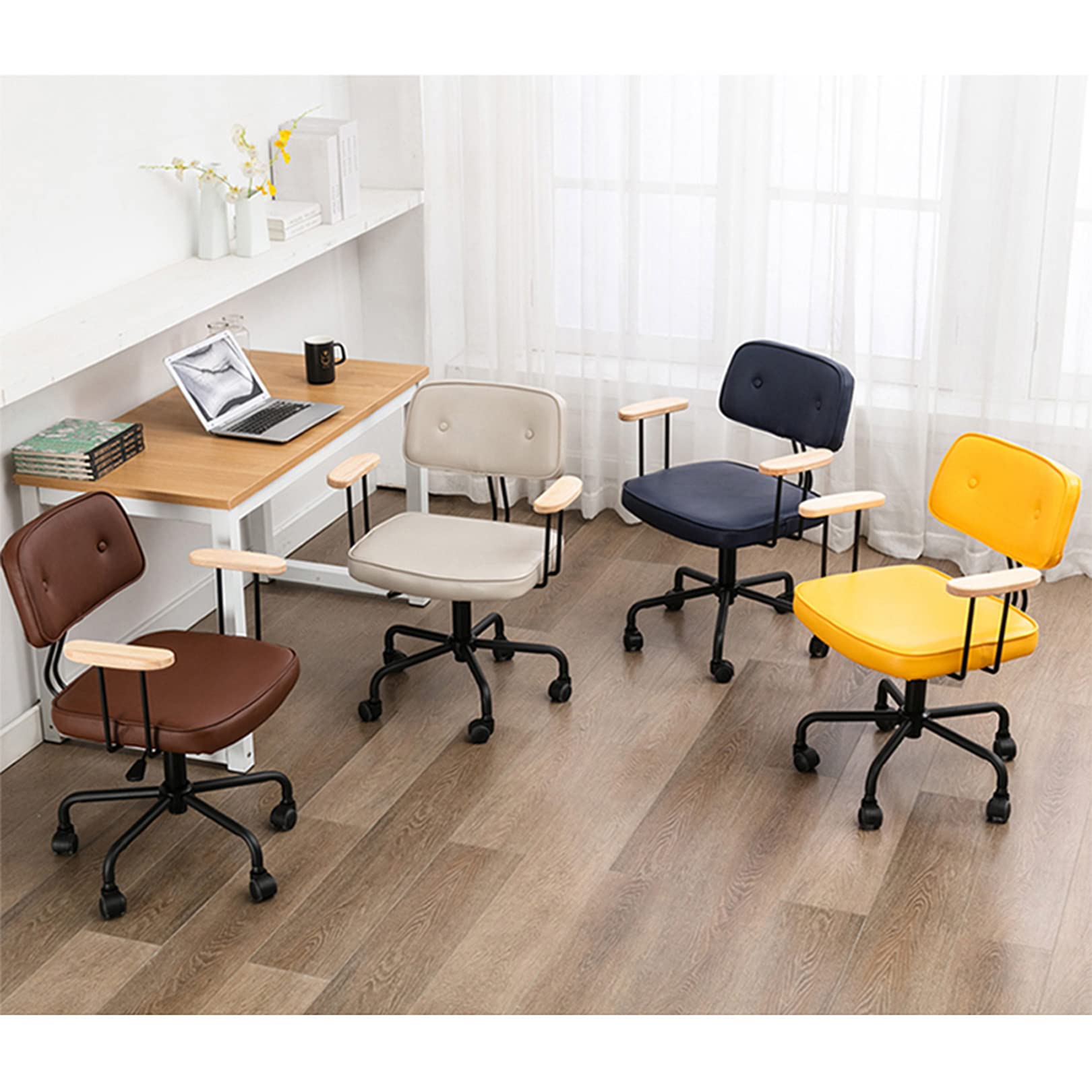 Ergonomic Mid-Back Office Chair with Wooden Armrests - Adjustable PU Leather Swivel Computer Desk Chair for Home Office, Study, Gaming & Bedroom Workspace