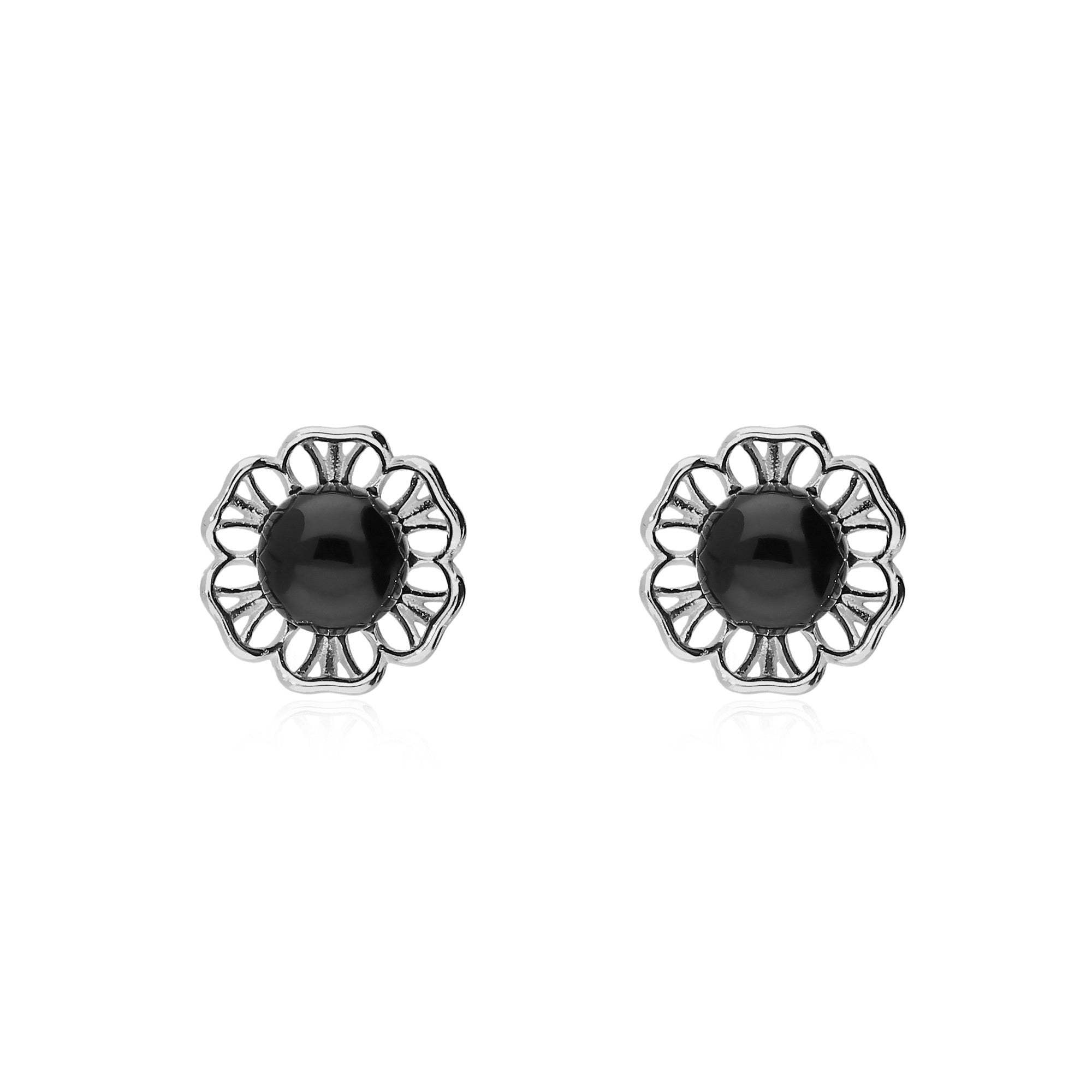 Sterling Silver Whitby Jet Flower Stud Earrings for Women – Elegant Floral Jewelry for Everyday Wear & Special Occasions