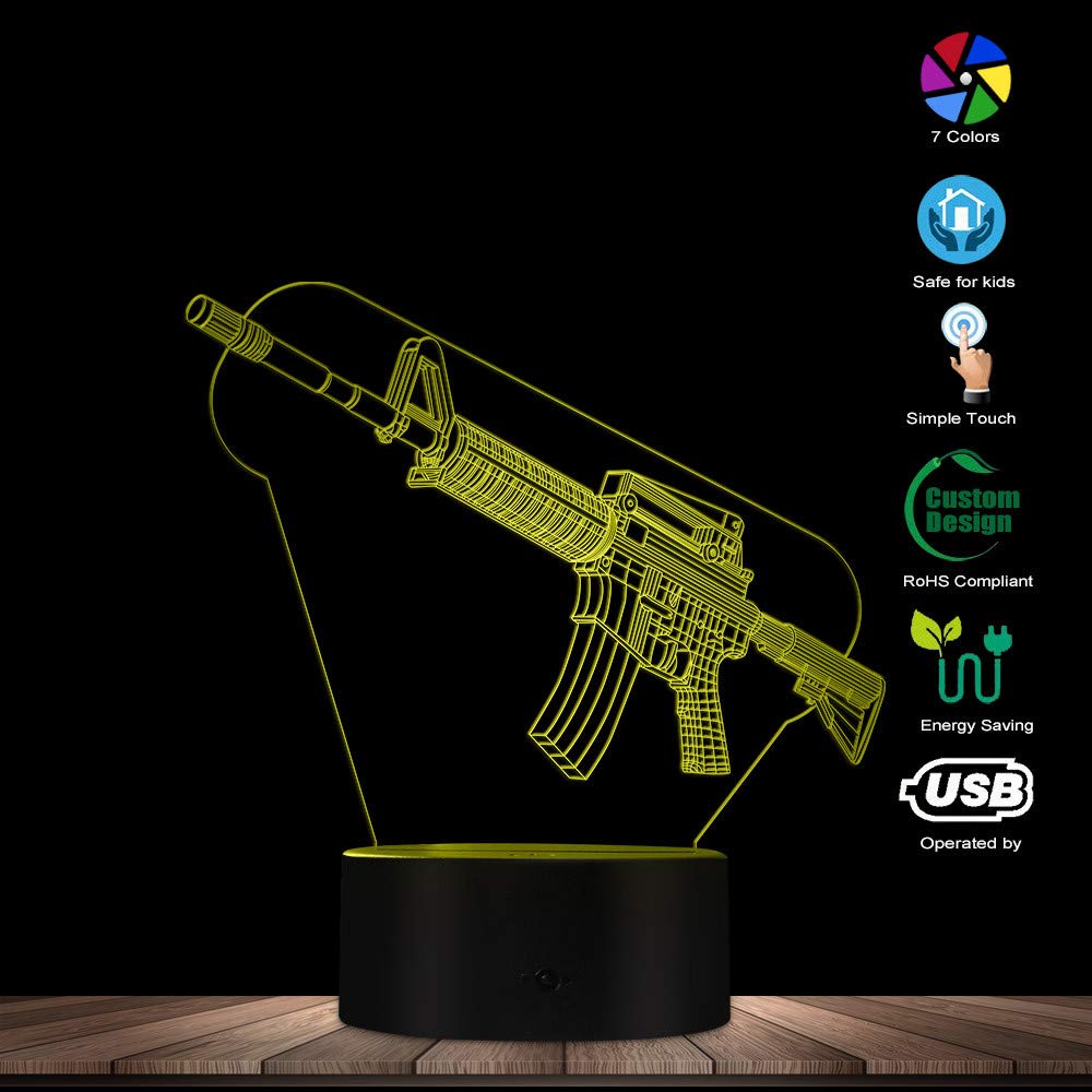 3D LED Gun Lamp - Military Weapon Night Light with Optical Illusion, Cool Cartoon Machine Gun Design - Perfect Gift for Gun Enthusiasts & Home/Office Decor