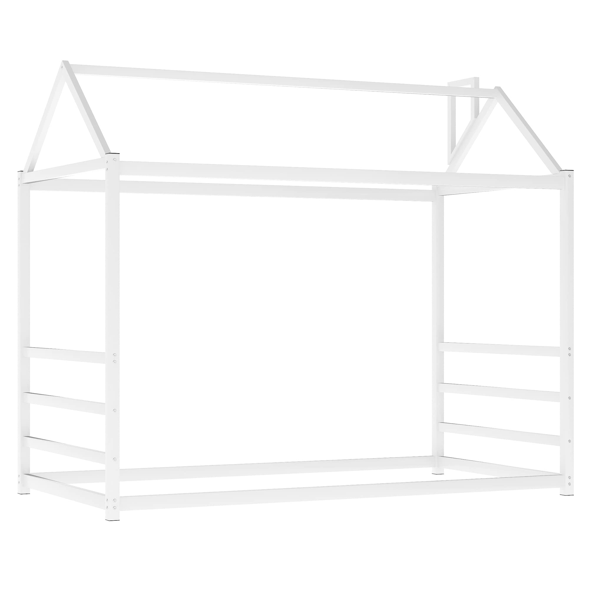 Twin Size House Platform Bed with Roof & Chimney Design - Low Profile Metal Bed Frame for Bedroom - Easy Assembly (White) | Kids Room Decor, Playful Themed Bed for Children's Bedroom