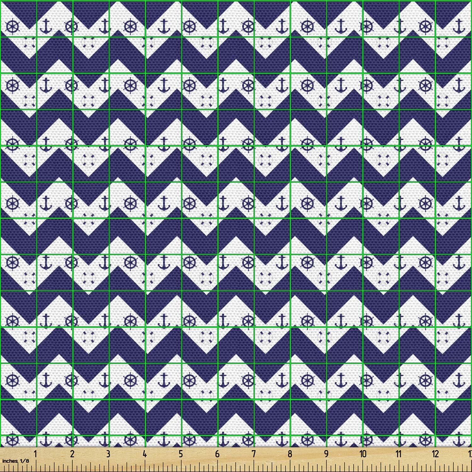 Lunarable Geometric Fabric by The Yard - Zig Zag Chevron Design with Anchor Dots Print, Navy Blue Upholstery Fabric for Sofa, Curtains & Home Decor (10 Yards) | Perfect for DIY Pillows, Table Runners & Craft Projects