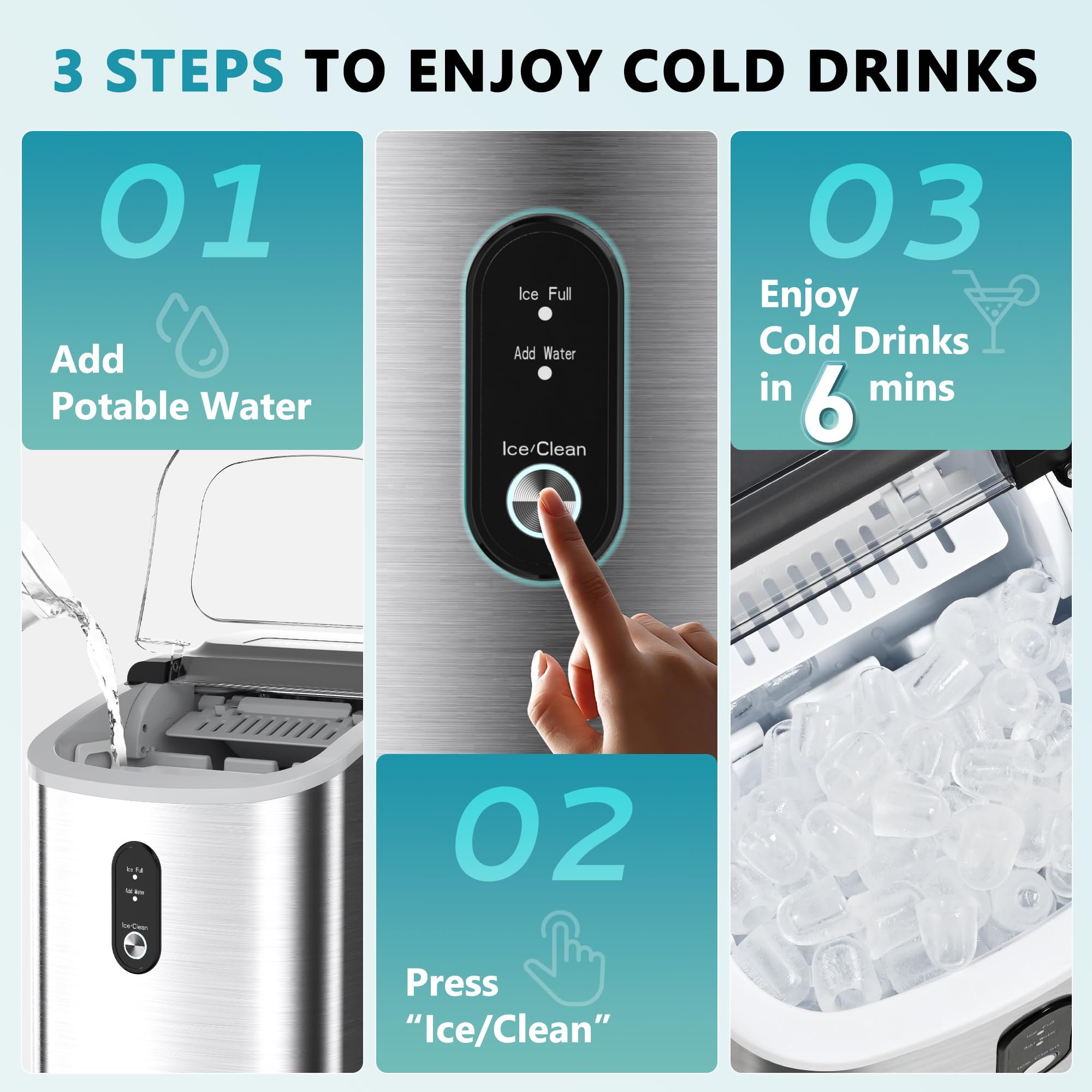 EUHOMY Portable Ice Maker Machine - 26.3lbs Daily, 9 Cubes in 6 Minutes, Auto-Cleaning Countertop Ice Maker with Handle, Basket & Scoop - Perfect for Home, Kitchen, Camping, RV & Office Use (Silver)