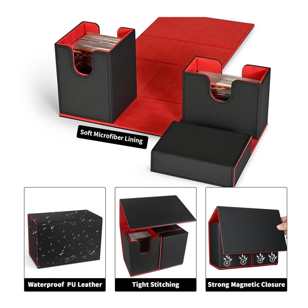 Premium Lozjokad Card Deck Box with Flip Dice Tray - Durable Storage Case for MTG, Pokemon & Sports Playing Cards (Black+Red) - Perfect for Game Nights, Travel & Card Collection Organization