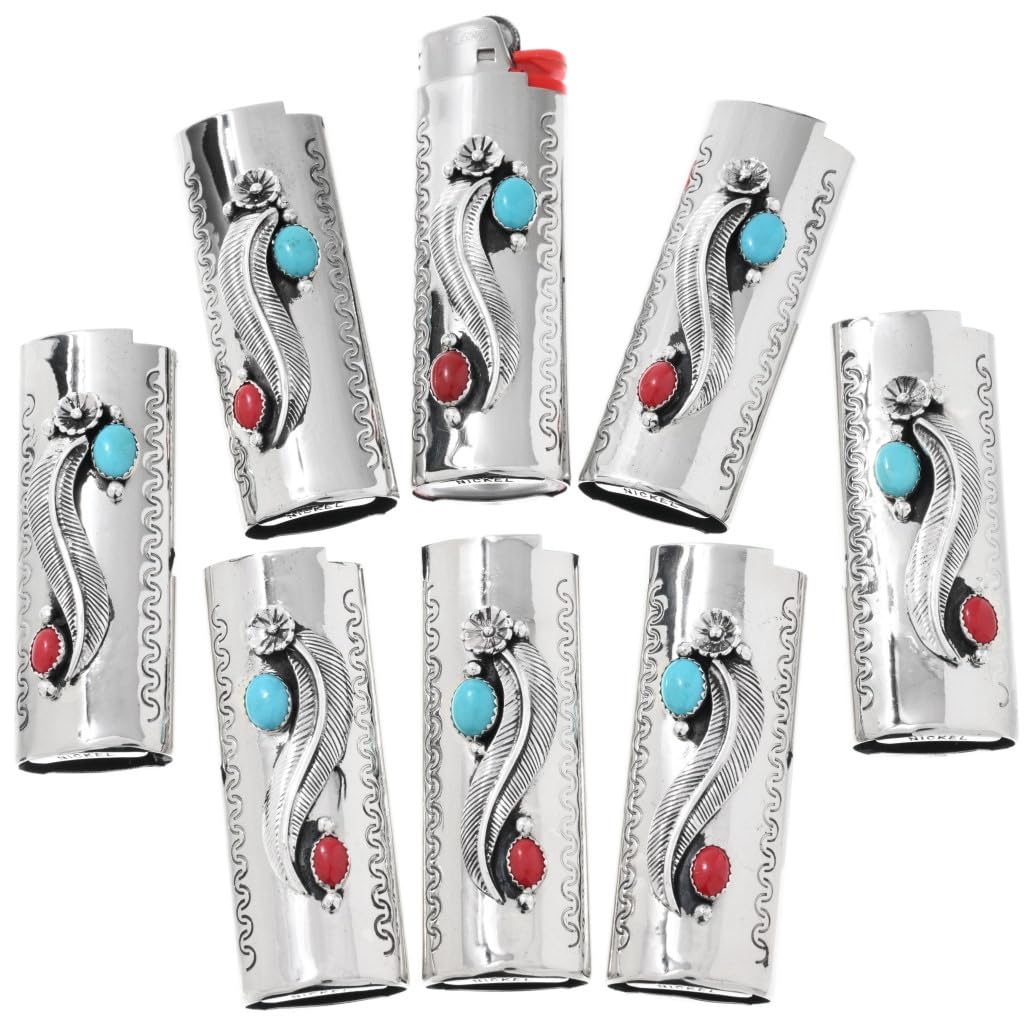 Authentic Navajo Turquoise Coral Silver Lighter Case Cover - Handcrafted Southwest Style Accessory - Perfect for Collectors, Smokers & Western Decor