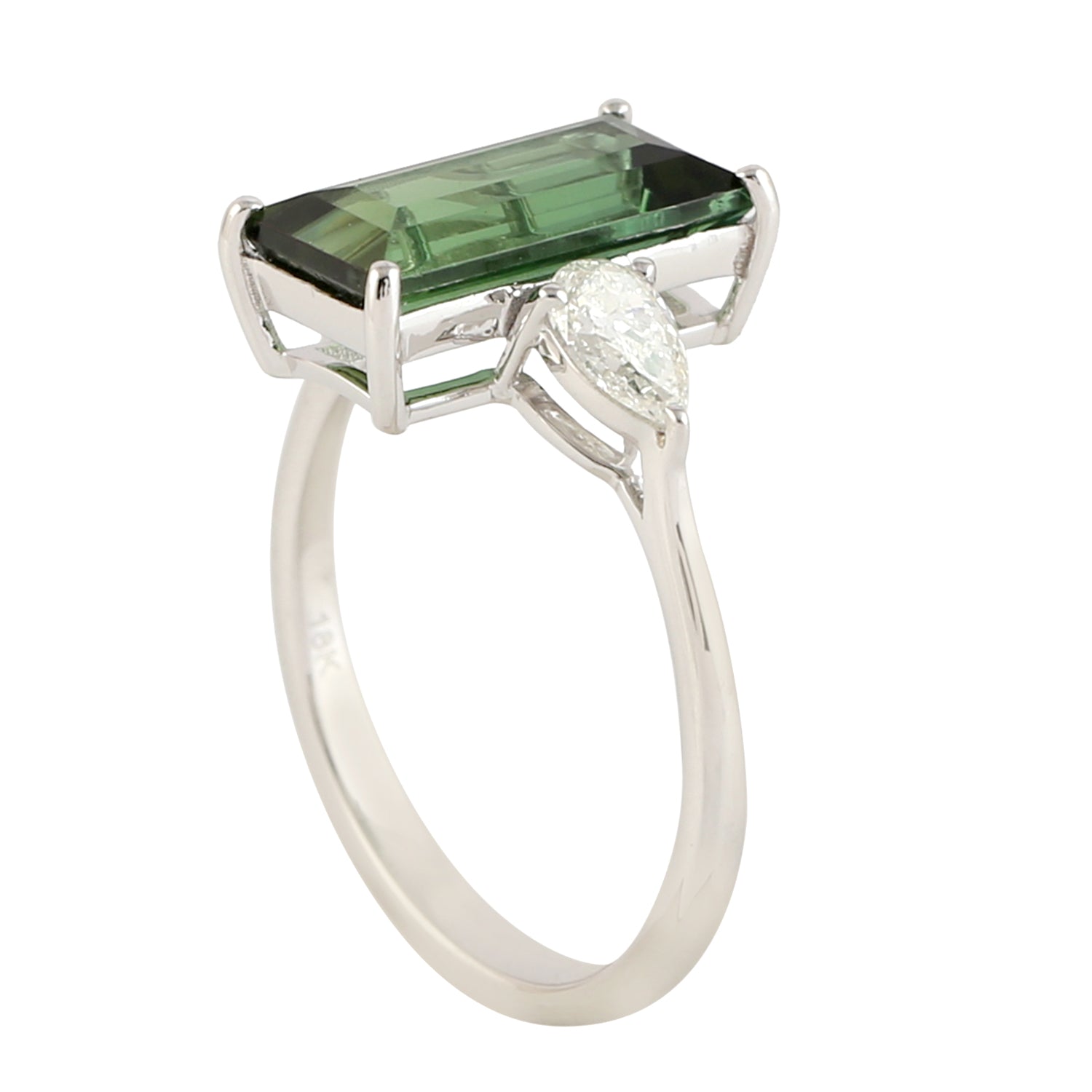 Exquisite Baguette Cut Green Tourmaline & Pear Cut Diamond Three Stone Ring in 14K White Gold | Elegant Engagement, Anniversary Gift for Her | Perfect for Weddings, Date Nights & Special Occasions