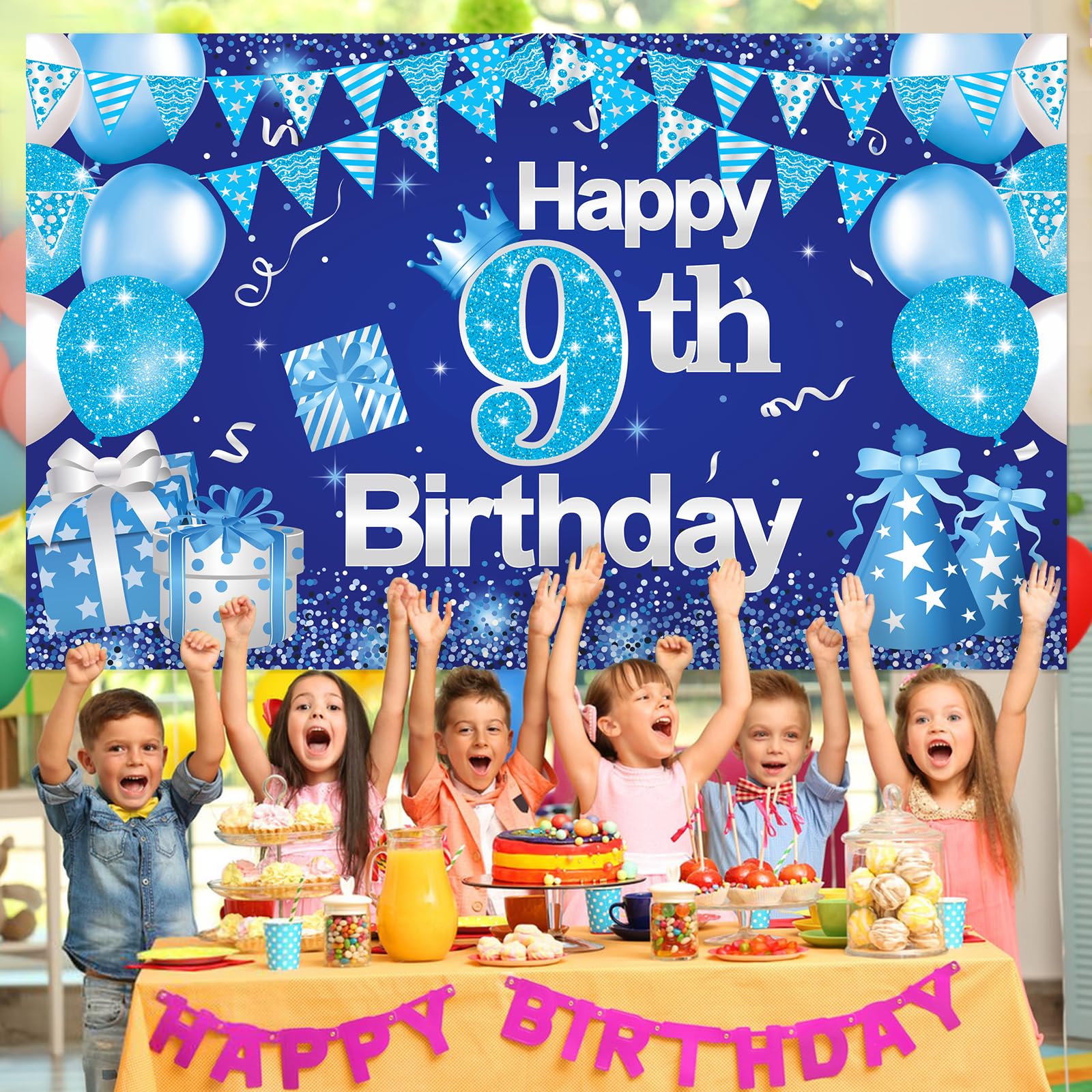 Blue 9th Birthday Backdrop Decorations for Boys - 43.3'' x 70.8'' Happy Birthday Banner - Perfect for 9 Year Old Boy's Party, Cake Table, Photo Booth & Wall Decor