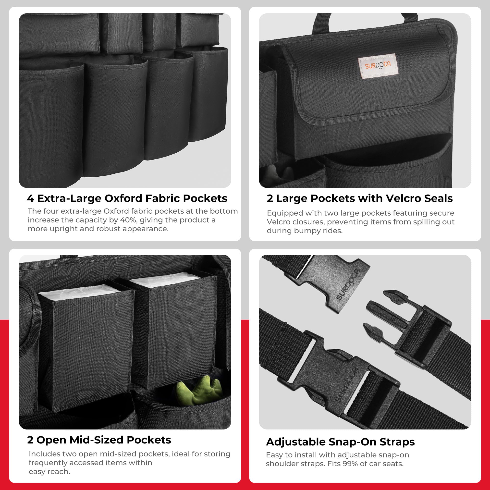 UPGRADED SURDOCA Hanging Car Trunk Organizer for SUV with 8 Large Compartments - Space Saving Car Storage Accessories for Travel, Camping & Road Trips