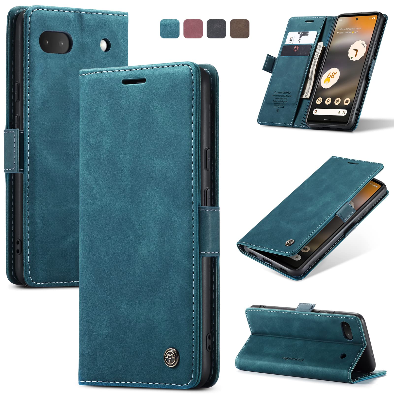 Premium Leather Wallet Case for Google Pixel 6A (2022) - Magnetic Flip Cover with Card Holder & Kickstand | Shockproof Protective Phone Case | Perfect for Work, Travel & Daily Use (Teal)