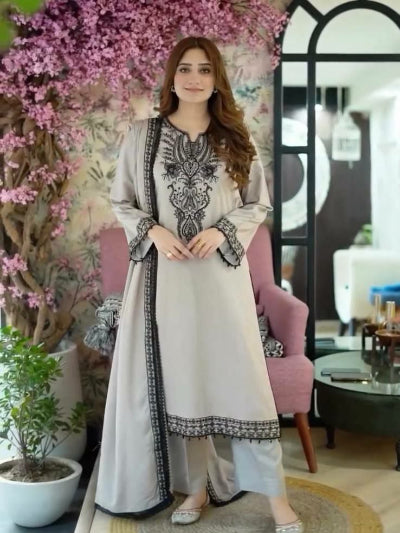 Soft Beige Georgette Black Embroidered Palazzo Suit Set for Women | Elegant Ethnic Party Wear | Perfect for Weddings, Festivals & Special Occasions