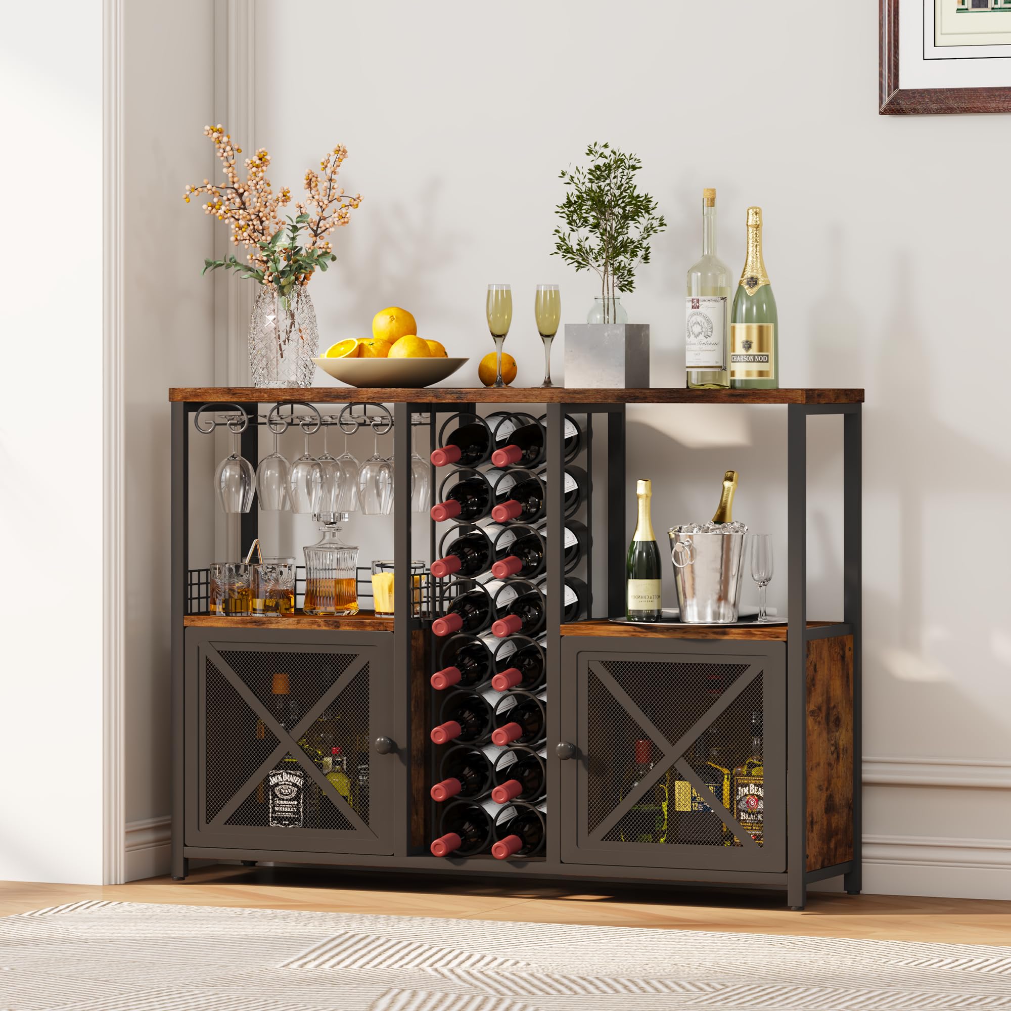 Modern Wooden Coffee Bar Cabinet - Homeiju Mini Bars for Liquor & Glasses Storage | Farmhouse Buffet Wine Bar with Sideboard | Perfect for Home Kitchen, Dining Room & Entertaining Guests